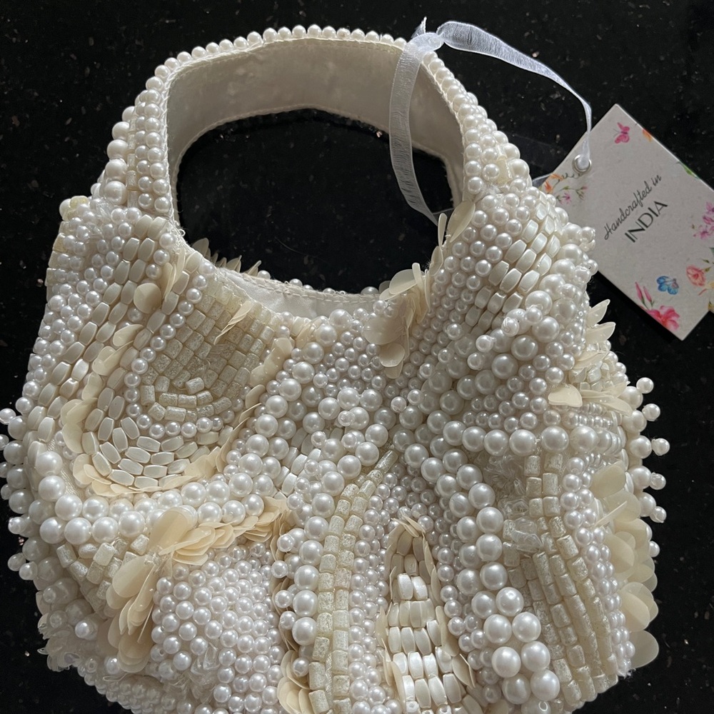 Handcrafted Pearl & Bead Clutch in Cream